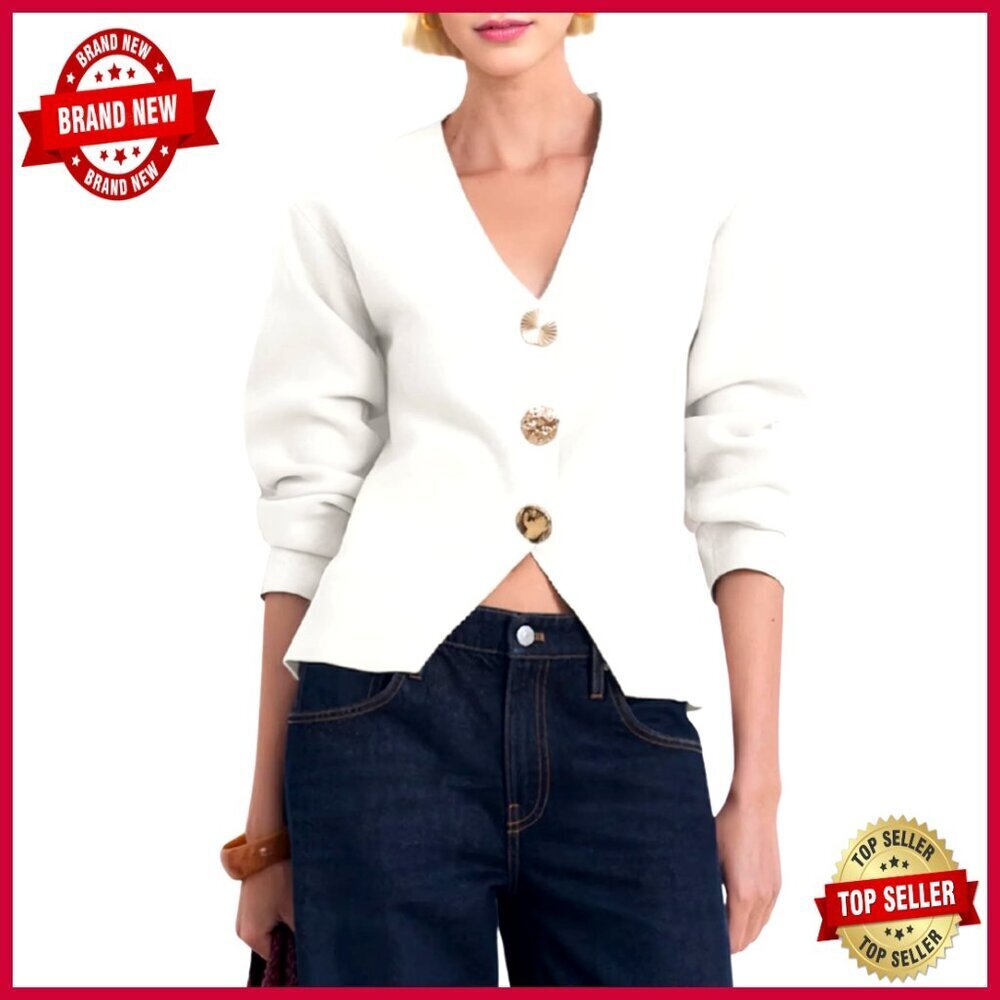 Cropped V-Neck Cardigan Long Sleeve Knit Top Gold Button Outwear